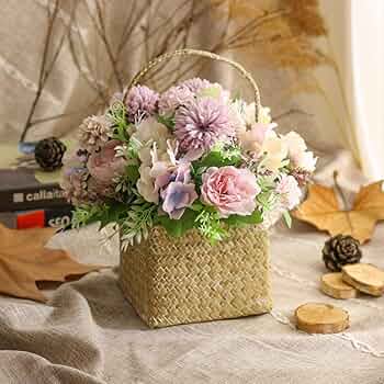 大きなかごと、アートフラワーのアレンジメントセット、花を沢山お付け致しています。 造花・アーティフィシャルフラワー・カゴアレンジメント】ローズ